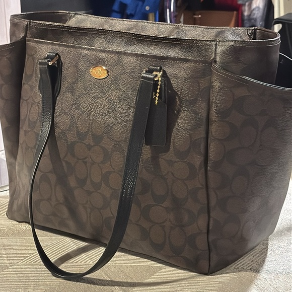 Coach Diaper Bag F35414 Signature Canvas Tote Brown Black Gold Hardware - Picture 2 of 16